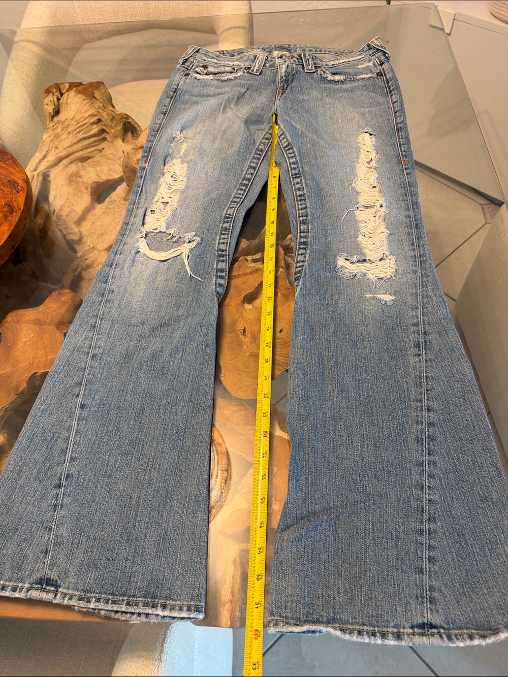 True Religion Distressed Light Blue Flare Jeans